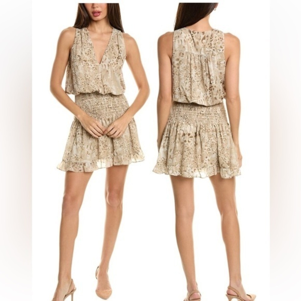 Ramy Brook Mae Mini Dress Leopard Print Smocked V neck
